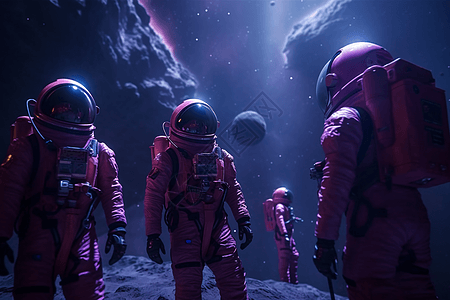 探险家一群宇航员在闪闪发光的紫色星云前设计图片