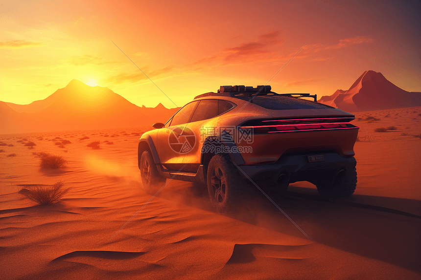 黄昏下汽车行驶在沙漠中图片