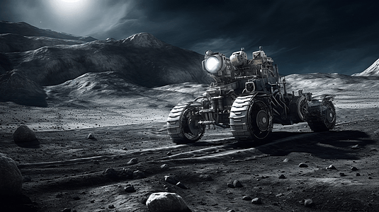 陨石坑月球表面的太空车设计图片