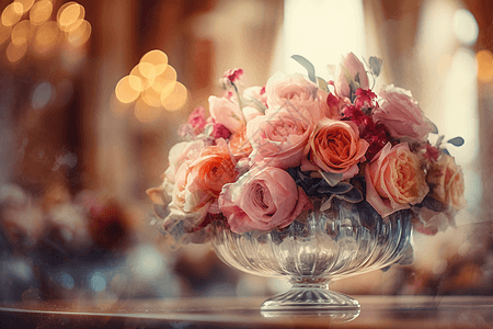 水晶花瓶中的一束玫瑰图片