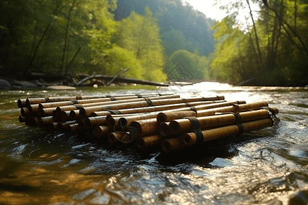 清澈小溪上的木筏图片