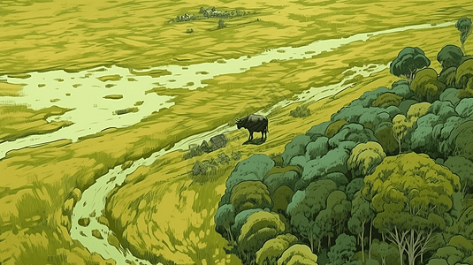 鸟瞰一片绿色的稻田图片