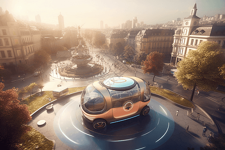 城市中心的未来车辆展示背景图片