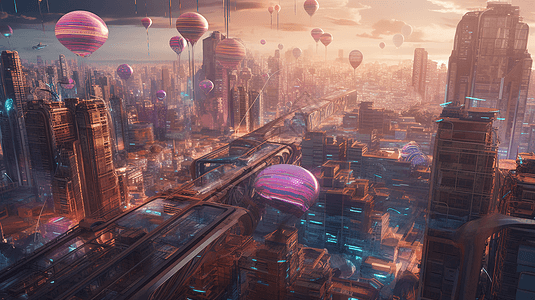飘着气球的未来都市图片