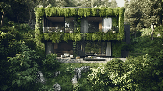 爬满的绿色植物的别墅图片