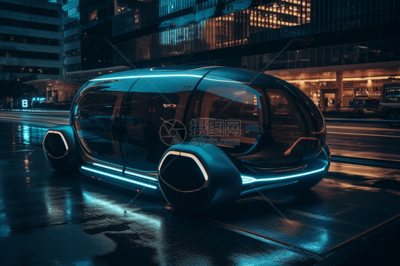 自动驾驶汽车在夜间穿越未来派城市图片