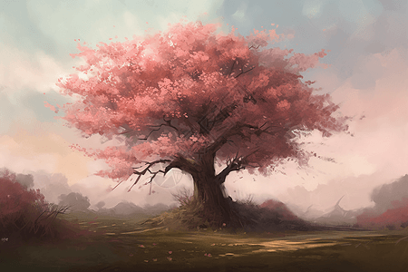 美丽和宁静的的油画樱花树图片
