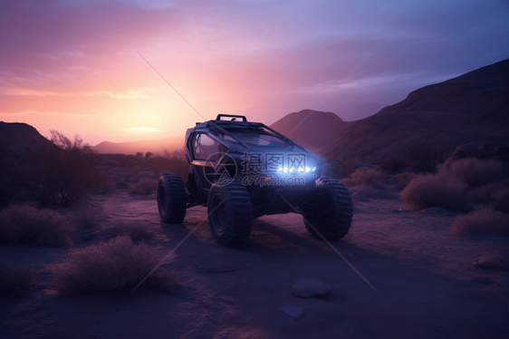 一辆机器人汽车穿越岩石沙漠地形图片