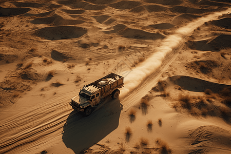 无人驾驶的越野卡车在荒芜一人的沙漠中驰骋图片