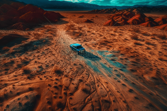 新能源汽车在空旷沙漠的广阔荒原中行驶图片