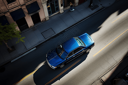 在繁忙的城市街道停着一辆蓝宝石色suv图片