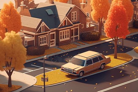 秋天的街道上停着一辆车图片
