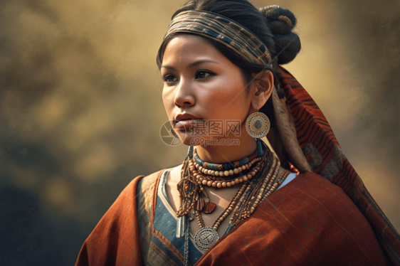 一个具有传统服装和配饰的土著妇女的现实照片图片
