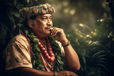 郁郁葱葱的热带背景下一个传统服装的夏威夷老人图片