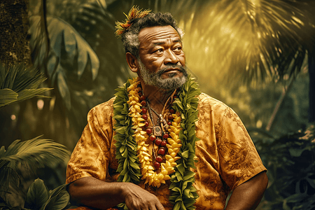 一名夏威夷盛装的老人图片