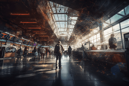 背包行走的人盗梦空间既视感的机场大厅乘客带着行李走向登机口设计图片