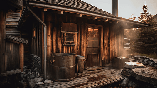 木头小屋外的取水桶背景图片