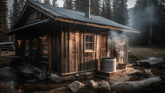 木头小屋外的地热取水器图片