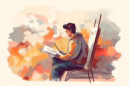 艺术书籍: 一个人坐在画架上，翻阅艺术书籍以获取灵感。平面插图，艺术背景，自然光。，全高清图片