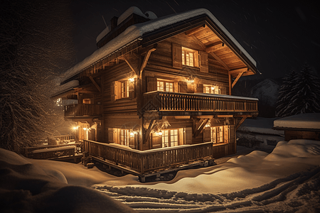 雪中夜景被雪覆盖的屋子插画