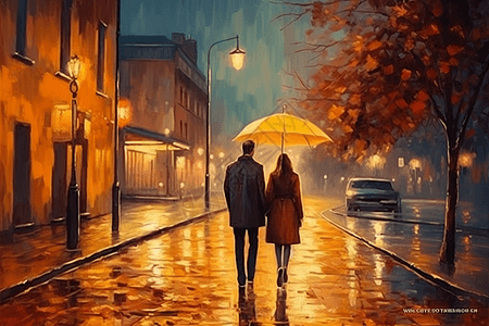 情侣在夜晚的街道漫步图片