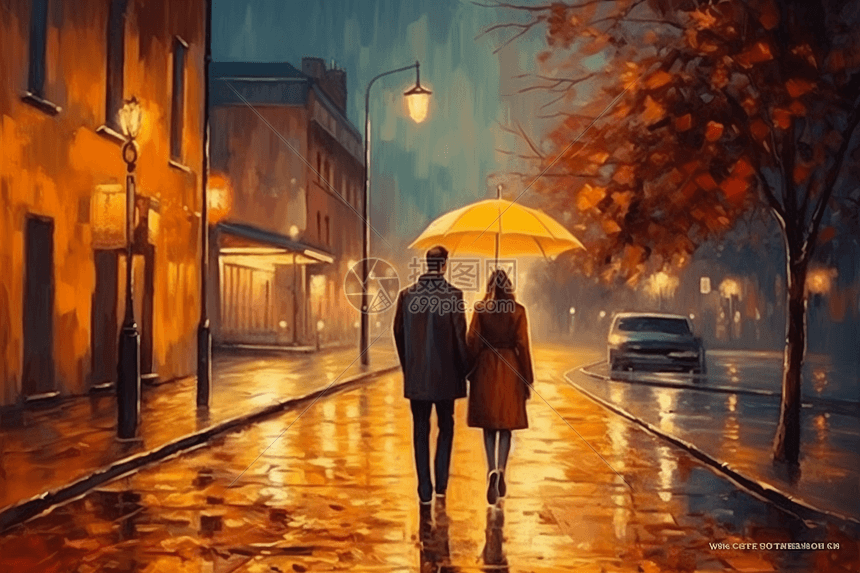 情侣在夜晚的街道漫步图片