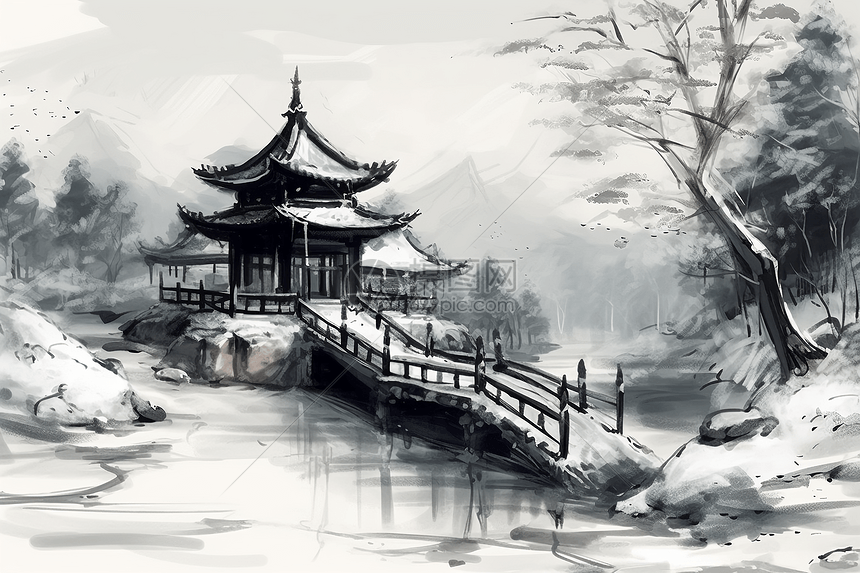 雪中传统的中国馆图片