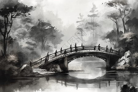 简约的拱桥水墨画背景图片
