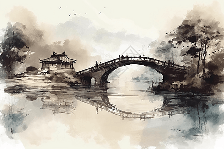 中国水墨画中的拱桥背景图片