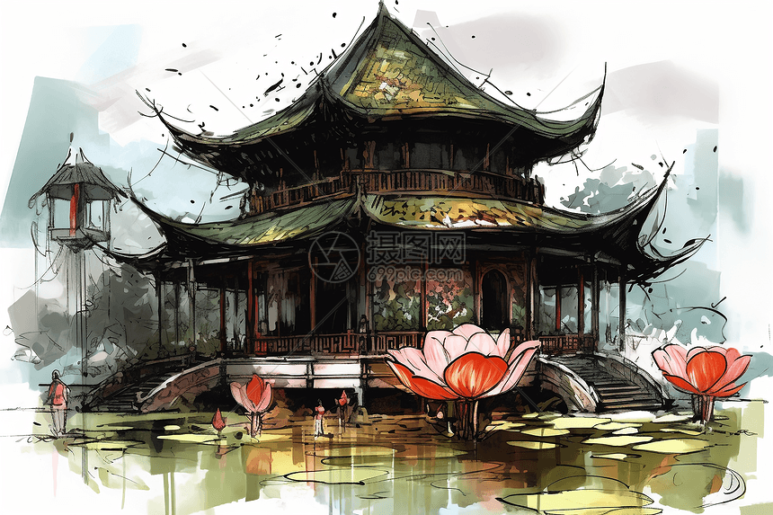 莲花池里的传统阁楼图片