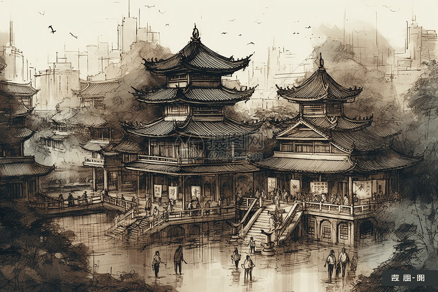 水墨画中的古代城市插画图片下载-正版图片600099461-摄图网