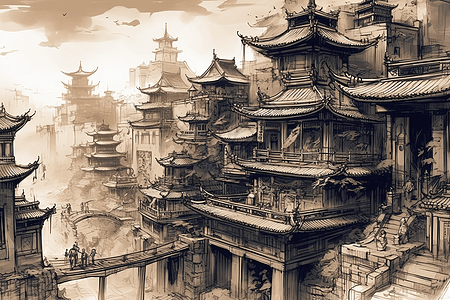 素描的中国古建筑图片