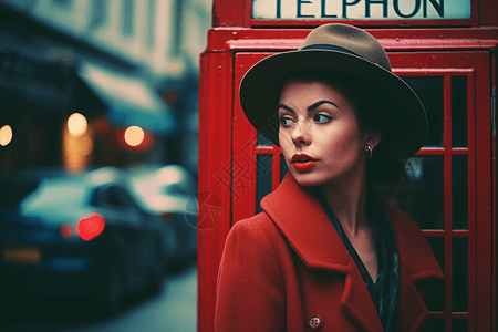 红色电话亭旁的女子图片