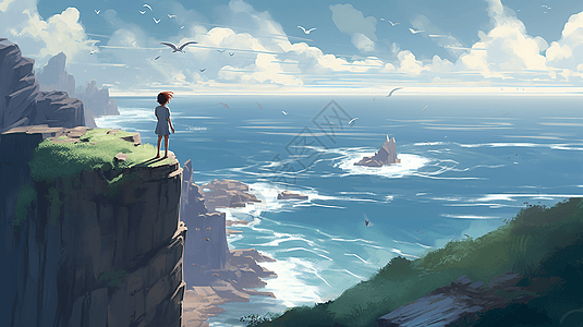 女孩站在悬崖边望着广阔色海洋图片