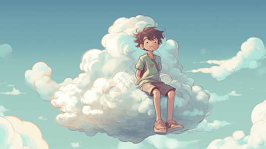坐在云朵中的男孩图片