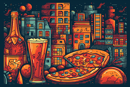 披萨和啤酒的插画图片