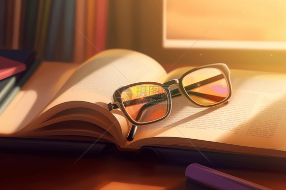 眼镜放在翻开的书上图片