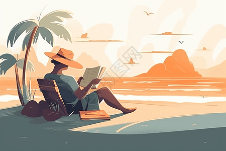 在沙滩上看书的人图片