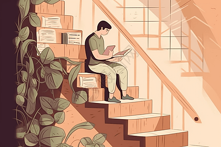 一个人坐在坐在楼梯上看书图片