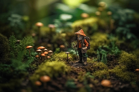 微型旅行者在森林里行走图片