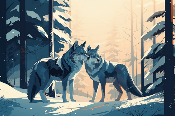 雪后森林里的二只狼图片