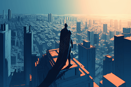 超级英雄站在高耸的摩天大楼上高清图片