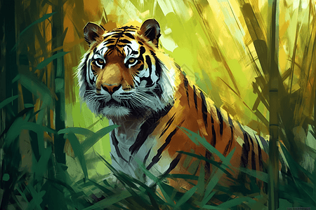 竹林的老虎头部绘画素材高清图片