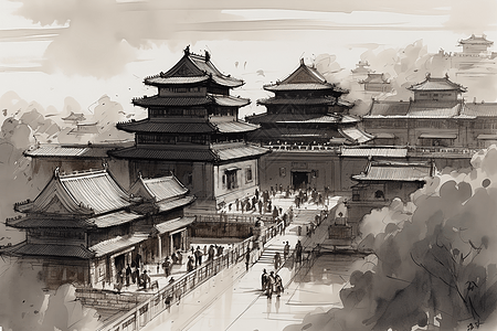 紫禁城的水墨画背景图片