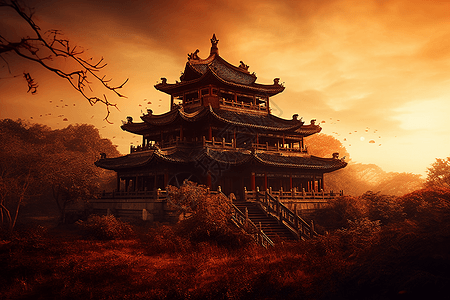 日落的中国寺庙图片