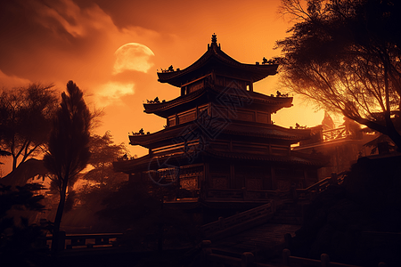 日落下的寺庙风景图片