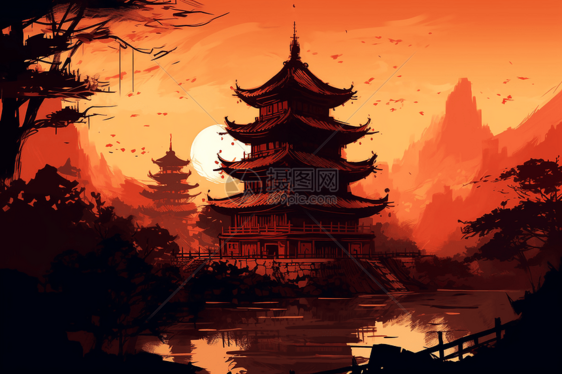 日落时分的中国寺庙图片