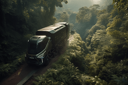 在茂密的丛林中的全地形自动驾驶卡车图片