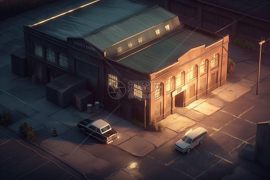 一辆奔驰停在工业仓库前，等距，城市，粘土，工业照明图片