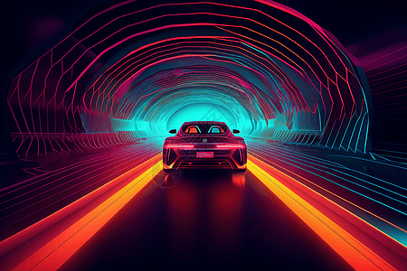 霓虹灯中驶过的汽车背景图片